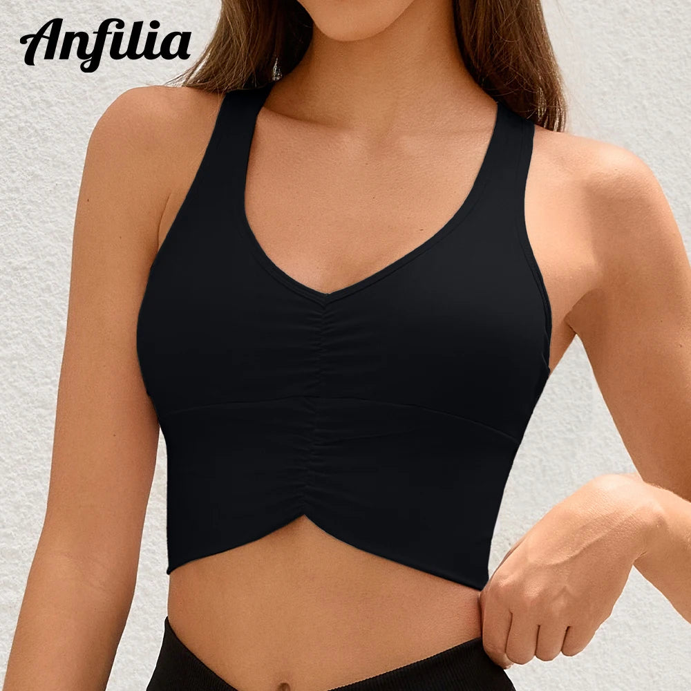 Anfilia Women Fitness Sports Underwear High Elastic Racerback V-Neckline Ruched Design Irregular Workout Yoga Running Tops