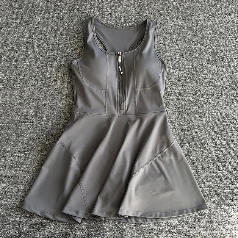 Tennis Skirt Casual Half Zipper Sports Fitness Dress Anti-Running High Waist Slim Golf Yoga Dress