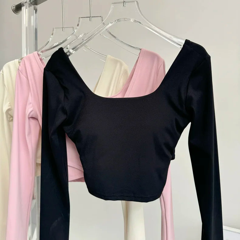 Fixed Chest Pads Crossed Back Yoga Clothes Tight Fitting Slimming Sports Long Sleeved Running Pula Fitness Clothes Tops Shirts