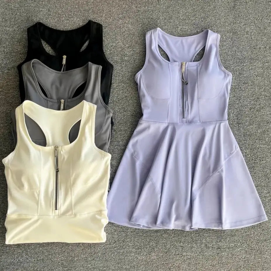 Tennis Skirt Casual Half Zipper Sports Fitness Dress Anti-Running High Waist Slim Golf Yoga Dress
