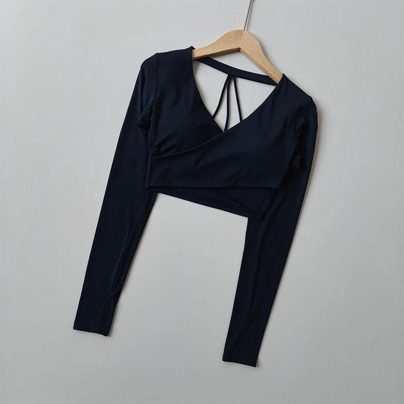 Women's Backless Hollowed-Out Long-Sleeve Yoga Sports T-Shirt Sexy Chest Padded Training Top Naked Feeling Slimming Fitness Wear