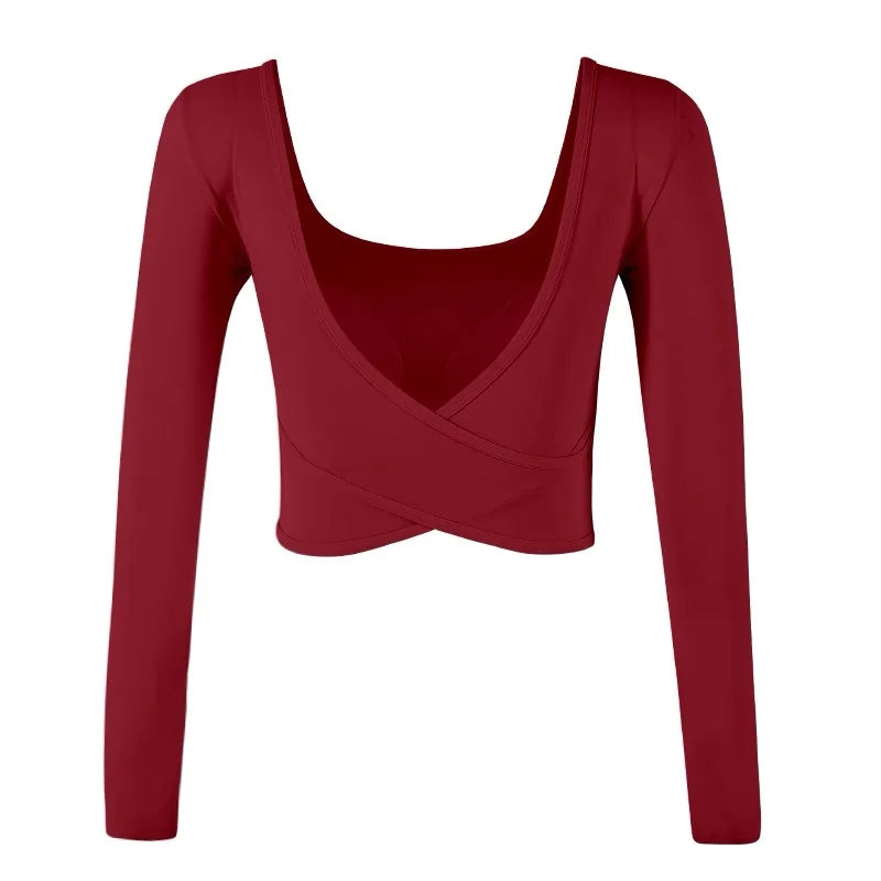 Fixed Chest Pads Crossed Back Yoga Clothes Tight Fitting Slimming Sports Long Sleeved Running Pula Fitness Clothes Tops Shirts