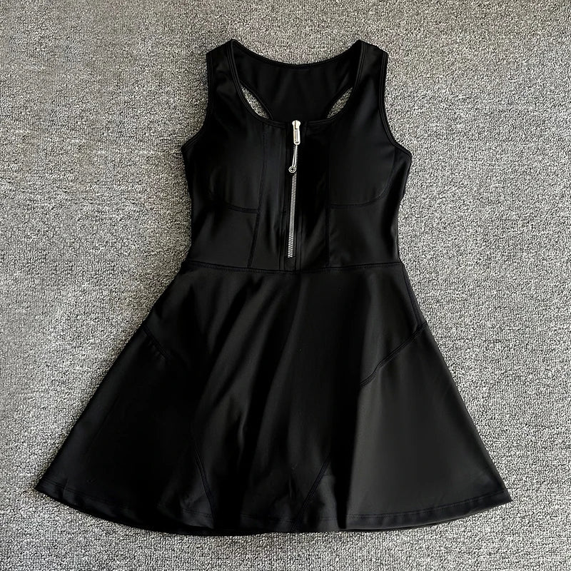 Tennis Skirt Casual Half Zipper Sports Fitness Dress Anti-Running High Waist Slim Golf Yoga Dress