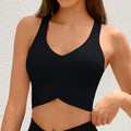 Anfilia Women Fitness Sports Underwear High Elastic Racerback V-Neckline Ruched Design Irregular Workout Yoga Running Tops