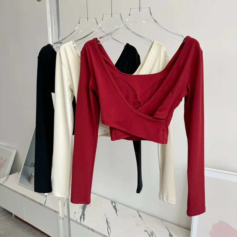 Fixed Chest Pads Crossed Back Yoga Clothes Tight Fitting Slimming Sports Long Sleeved Running Pula Fitness Clothes Tops Shirts