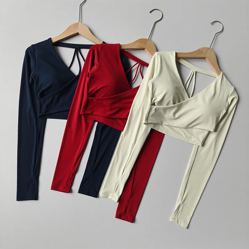 Women's Backless Hollowed-Out Long-Sleeve Yoga Sports T-Shirt Sexy Chest Padded Training Top Naked Feeling Slimming Fitness Wear