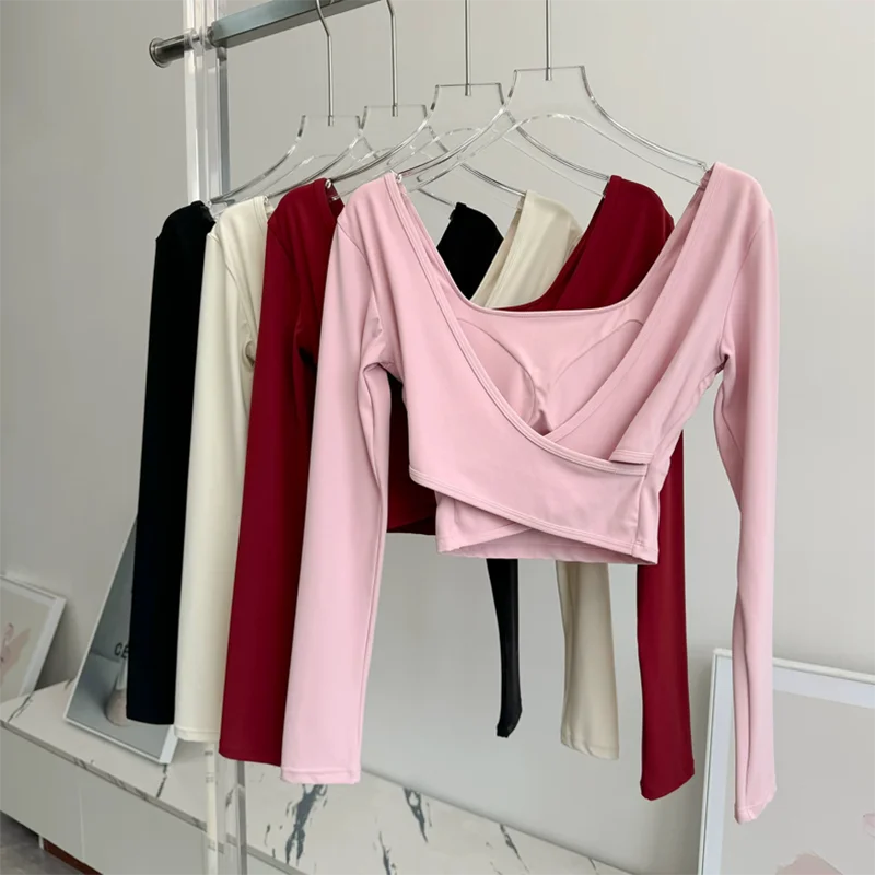 Fixed Chest Pads Crossed Back Yoga Clothes Tight Fitting Slimming Sports Long Sleeved Running Pula Fitness Clothes Tops Shirts