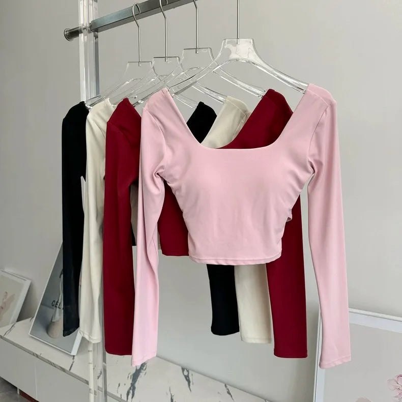 Fixed Chest Pads Crossed Back Yoga Clothes Tight Fitting Slimming Sports Long Sleeved Running Pula Fitness Clothes Tops Shirts