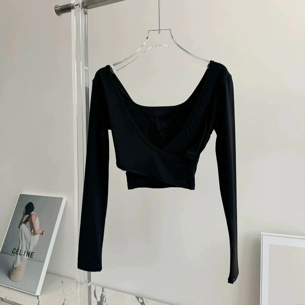 Fixed Chest Pads Crossed Back Yoga Clothes Tight Fitting Slimming Sports Long Sleeved Running Pula Fitness Clothes Tops Shirts