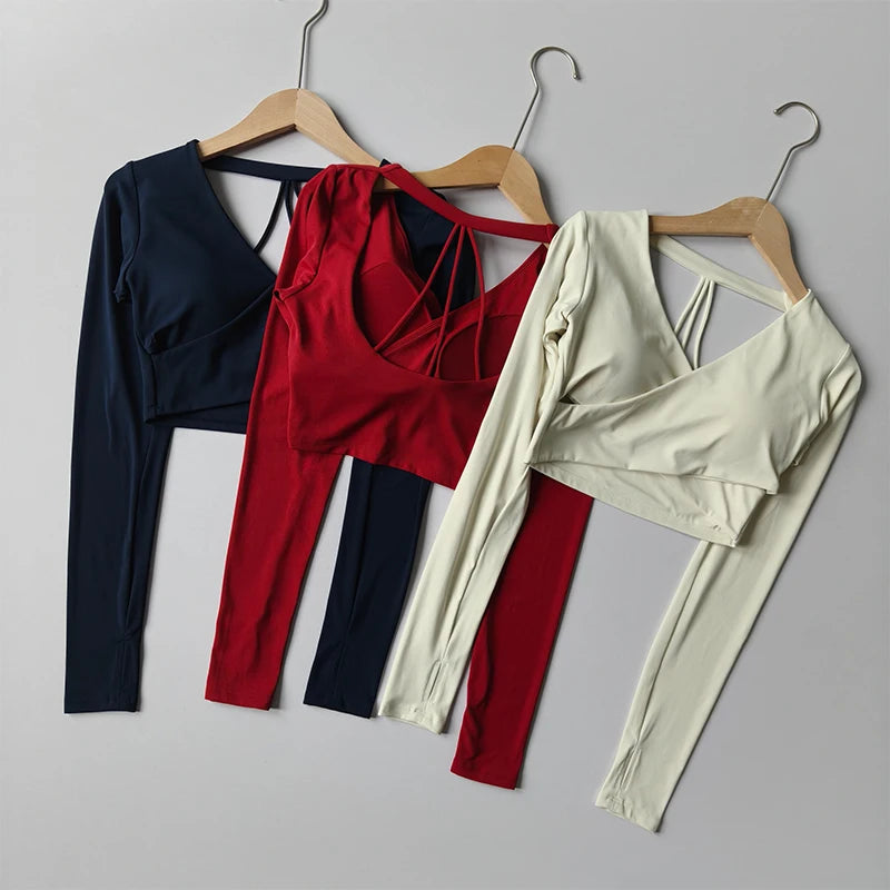 Women's Backless Hollowed-Out Long-Sleeve Yoga Sports T-Shirt Sexy Chest Padded Training Top Naked Feeling Slimming Fitness Wear