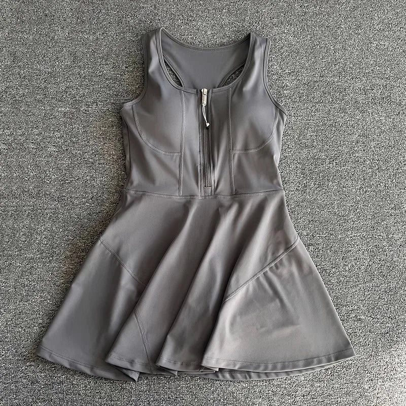 Tennis Skirt Casual Half Zipper Sports Fitness Dress Anti-Running High Waist Slim Golf Yoga Dress
