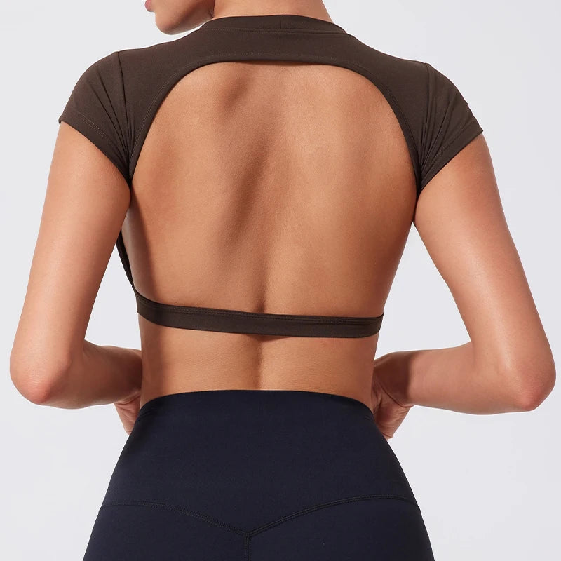 Hearuisavy Sports Shirts Workout Tops Fitness Activewear Female Quick-Dry Yoga Clothes Sport Crop Tops Backless Gym Top Women
