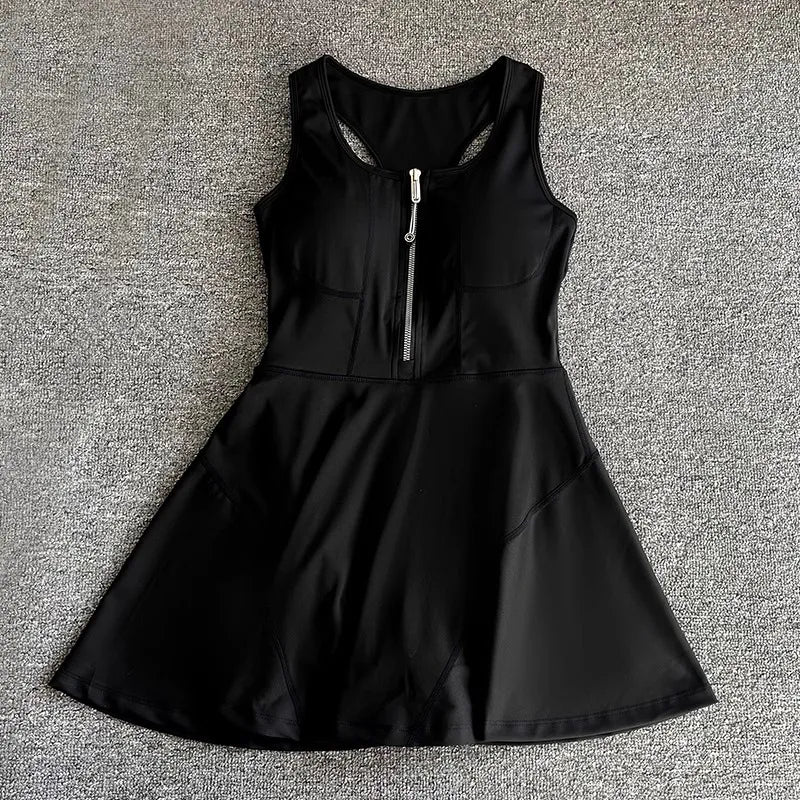 Tennis Skirt Casual Half Zipper Sports Fitness Dress Anti-Running High Waist Slim Golf Yoga Dress