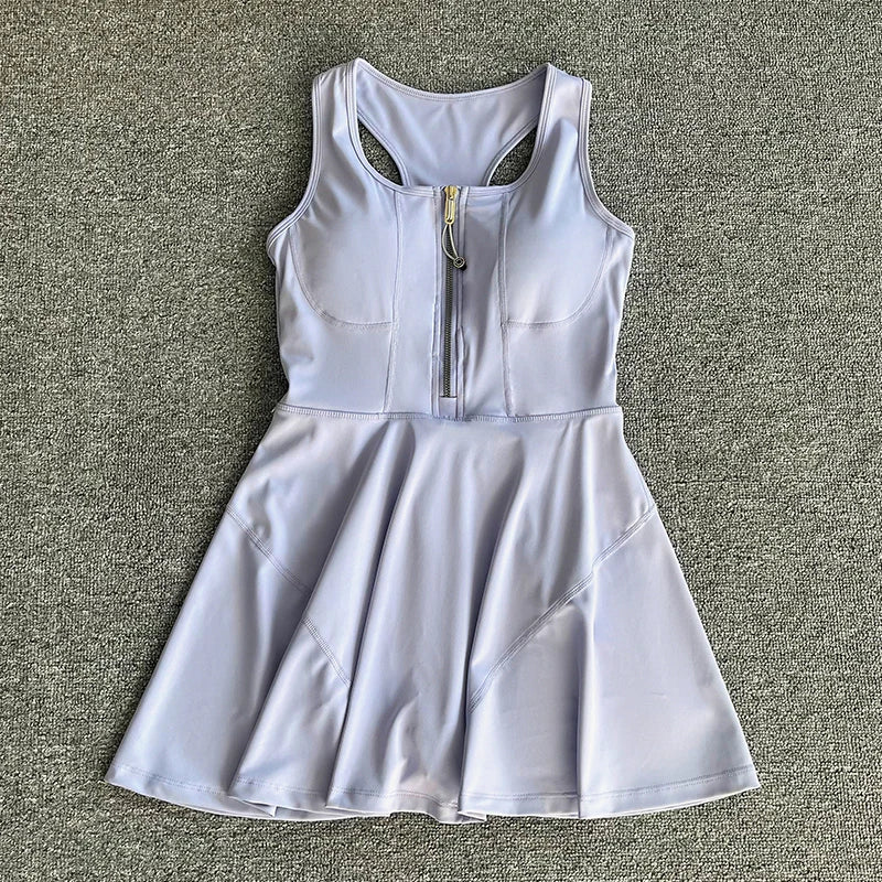 Tennis Skirt Casual Half Zipper Sports Fitness Dress Anti-Running High Waist Slim Golf Yoga Dress
